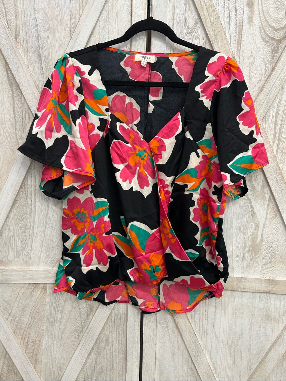 Umgee Black Floral V-Neck Flutter Sleeve Blouse - Hot Pink & Teal